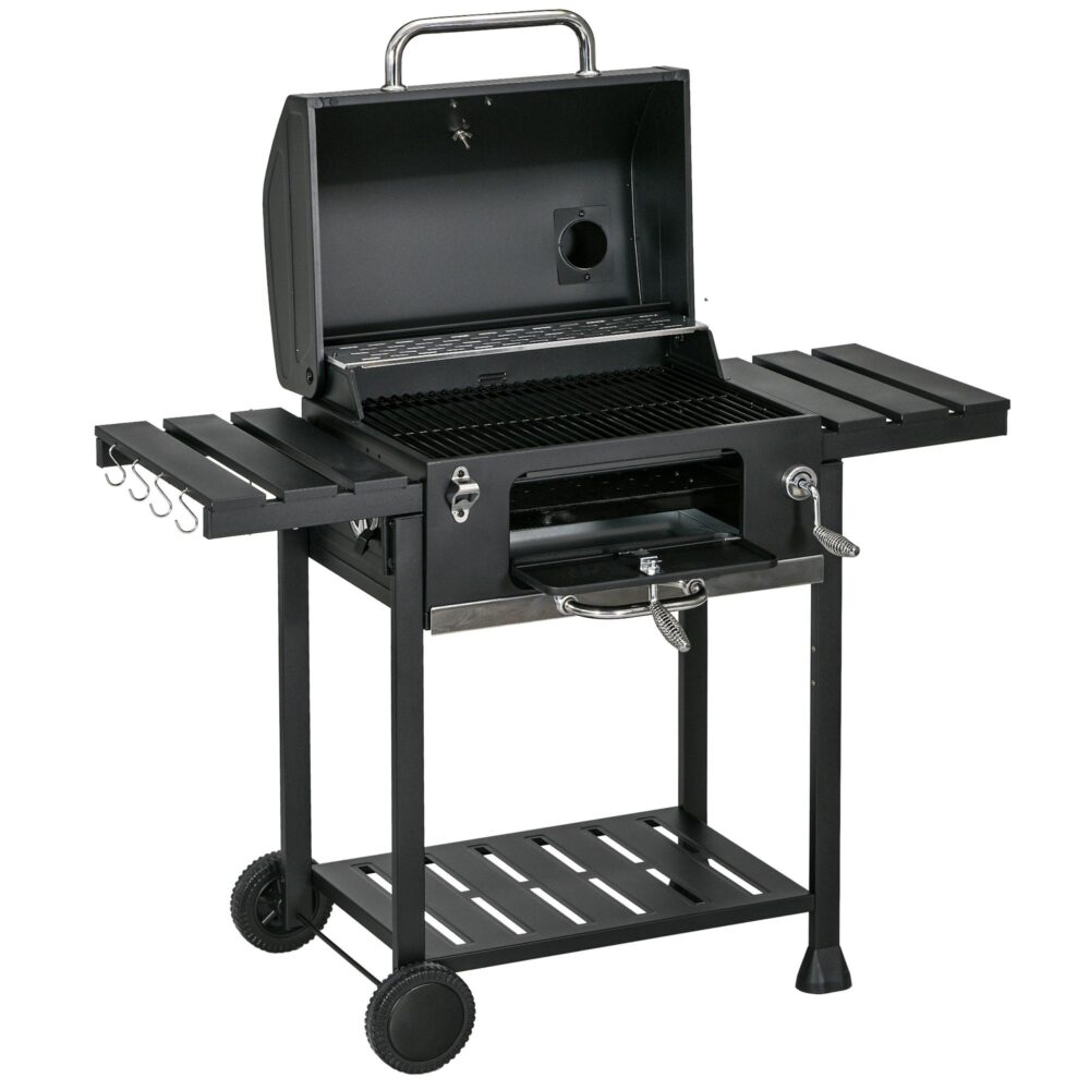 Kolgrill Campinggrill med två grillgaller – temperaturkontroll och stor grillyta | Handtag i rostfritt stål, fällbara sidohyllor, enkel rörlighet
