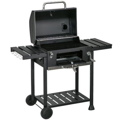 Kolgrill Campinggrill med två grillgaller – temperaturkontroll och stor grillyta | Handtag i rostfritt stål, fällbara sidohyllor, enkel rörlighet