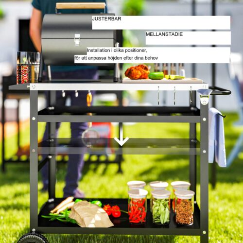 Grillvagn Serveringsvagn med 3 nivåer med justerbar höjd och tygöverdrag – Grillbord i rostfritt stål för matlagning utomhus