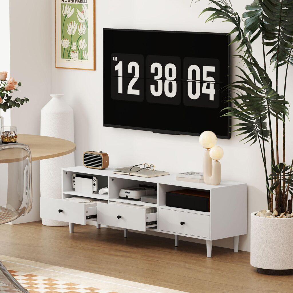 Elegant TV-bänk med lådor | 140 cm TV-kort för TV-apparater upp till 75 med kabelhantering och rymlig förvaring för hemunderhållning