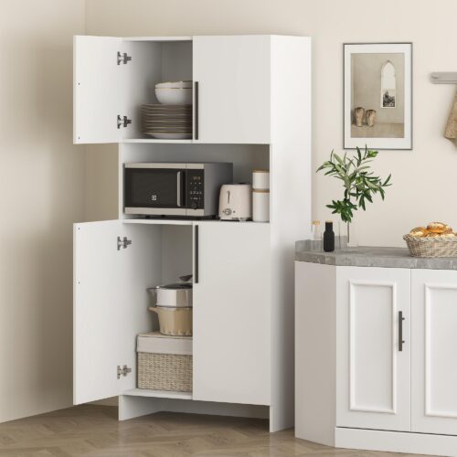 Högt köksskåp med mikrovågshylla och soft close-dörrar – rymlig förvaring, modern vit design för kök och matsal