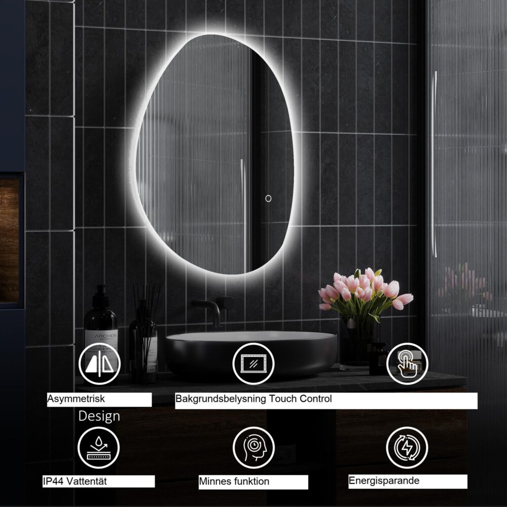 Badrumsspegel med belysning | 70×50 cm LED-pekbrytare, 3 färgtemperaturer (varm, neutral, kallvit), anti-dimma-funktion, minnesinställning, IP44 vattenskydd