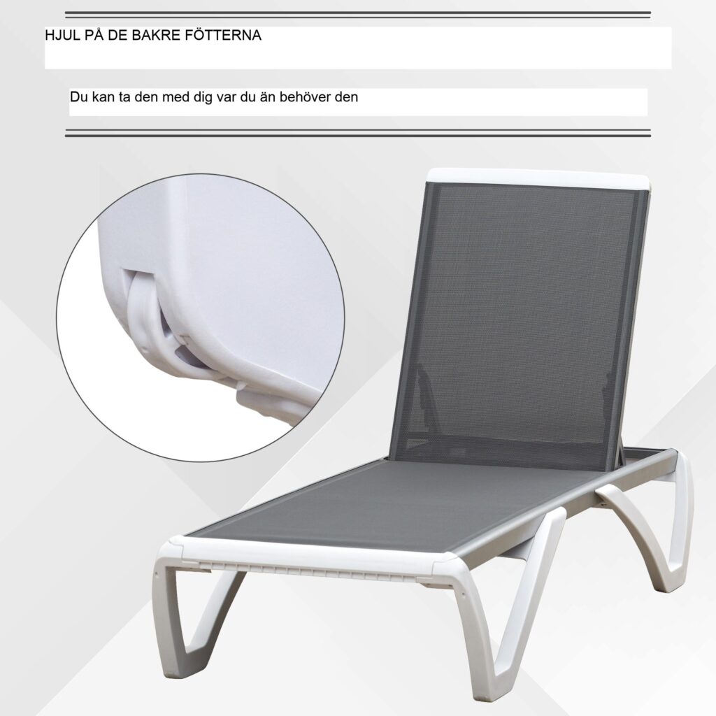 Trädgårdsstol i aluminium med 5-vägs justerbart ergonomiskt ryggstöd - lätt att flytta med hjul