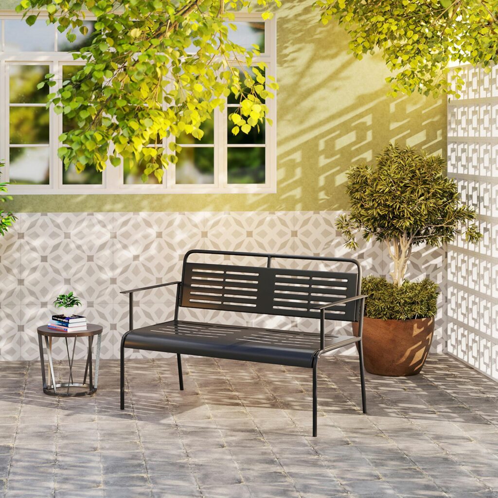 Robust 2-sits trädgårdsbänk i stål med bekvämt ryggstöd och armstöd | Vattenavvisande lamelldesign | 240 kg lastkapacitet
