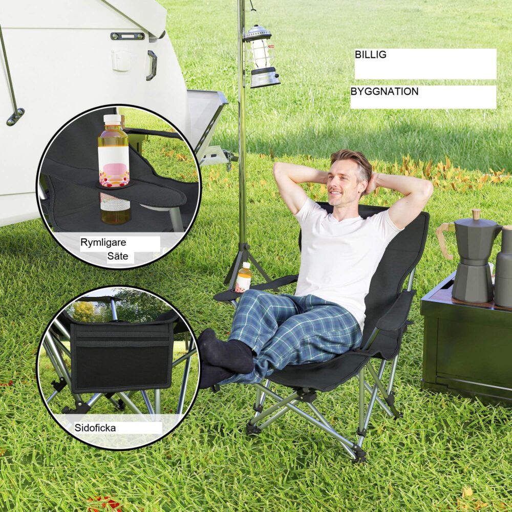Set med 2 komfortoptimerade campingstolar med avtagbart fotstöd och nackstöd – slitstarkt 600D Oxford-tyg, bärbar fiskestol med mugghållare för vuxna