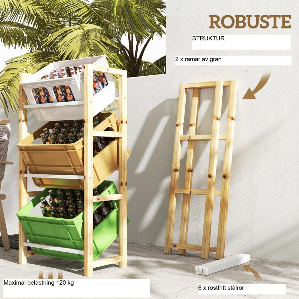 Dryckeslådställ för 3 dryckeslådor – platsbesparande design med enkel åtkomst | Kraftig konstruktion för öl, vatten och mer | Lådställ i trä med 3 nivåer, fristående hållare, lastkapacitet 150 kg, mått 56x32x112cm