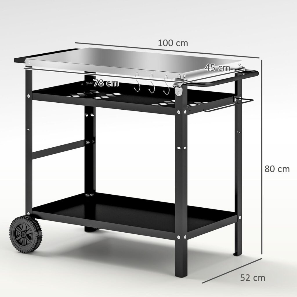 Grillvagn Serveringsvagn med 3 nivåer med justerbar höjd och tygöverdrag - Grillbord i rostfritt stål för matlagning utomhus