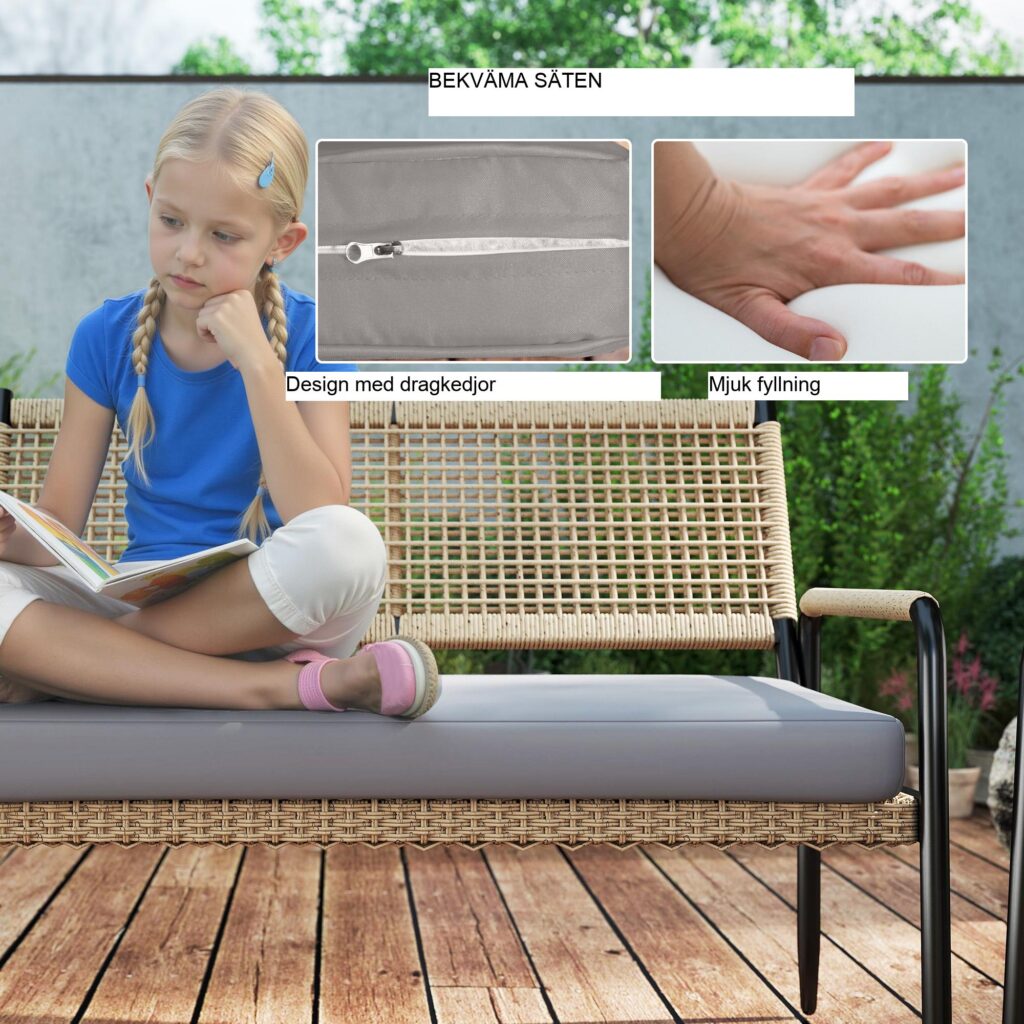 Trädgårdsmöbler Set av Poly Rotting Lounge Set med 2-sits soffa Fåtölj Glas Bordsdyna Väderbeständig sittgrupp för 4 personer Utomhus Balkong Möbler Set Utemöbler för trädgård Balkong Mörkgrå+Gul
