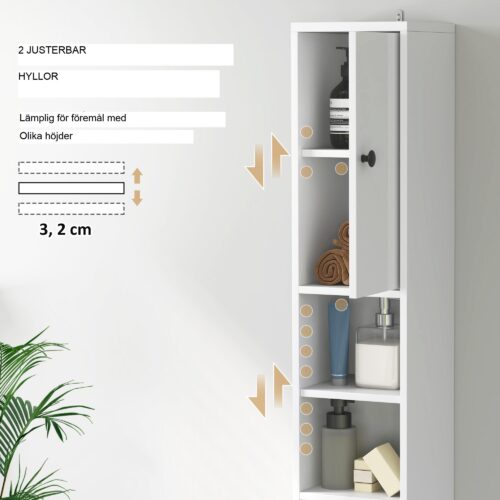 Badrumsskåp smalt och högt med låda, 3 öppna fack, justerbara hyllor – platsbesparande design för små utrymmen