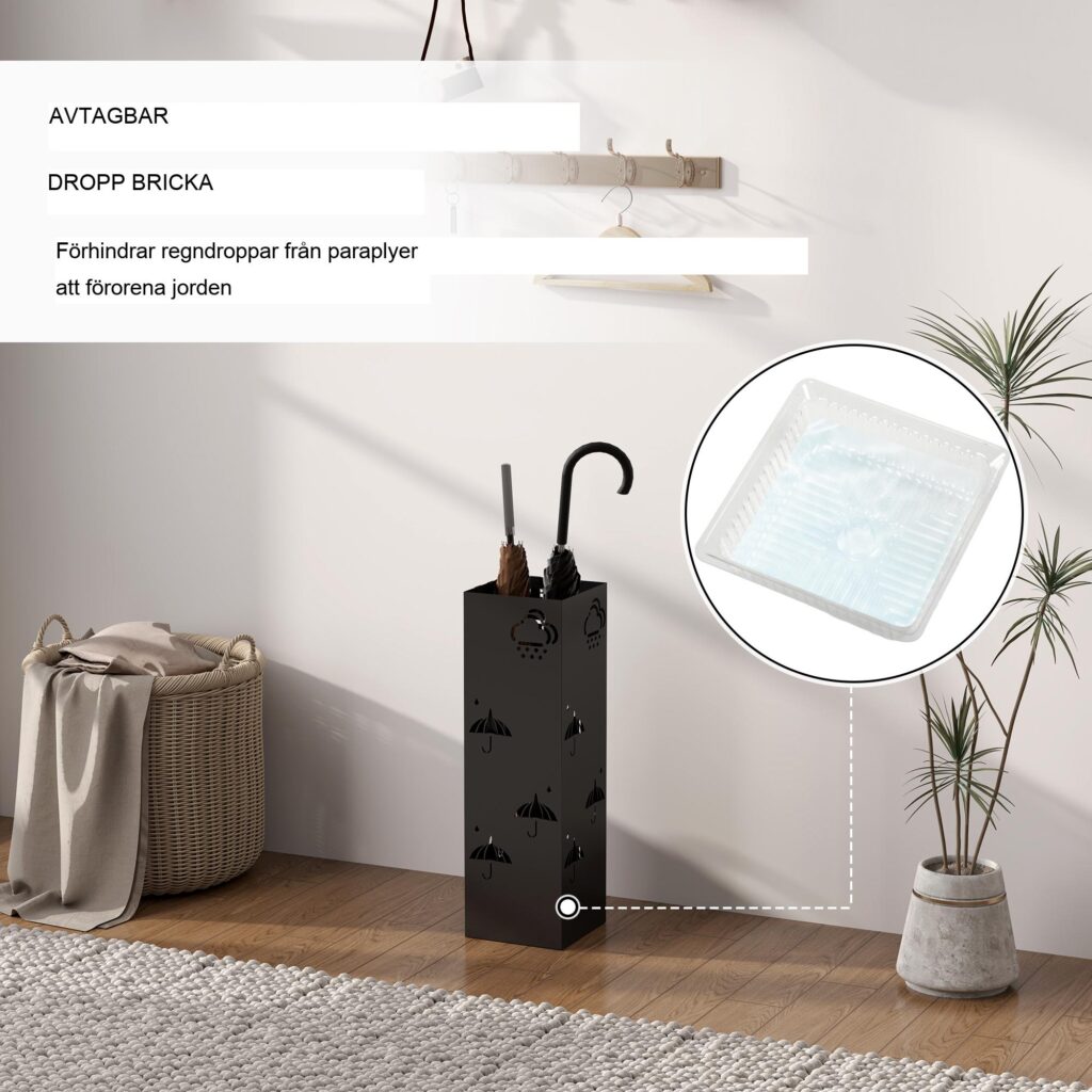 Elegant paraplyställ med 4 justerbara krokar - fångar upp vatten för torra golv och snygg entrédesign