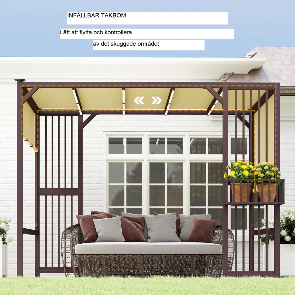 Pergola Paviljong 3×2,5m med Justerbar taklucka, Insynsskydd och Planteringskärl – Mörkbrun