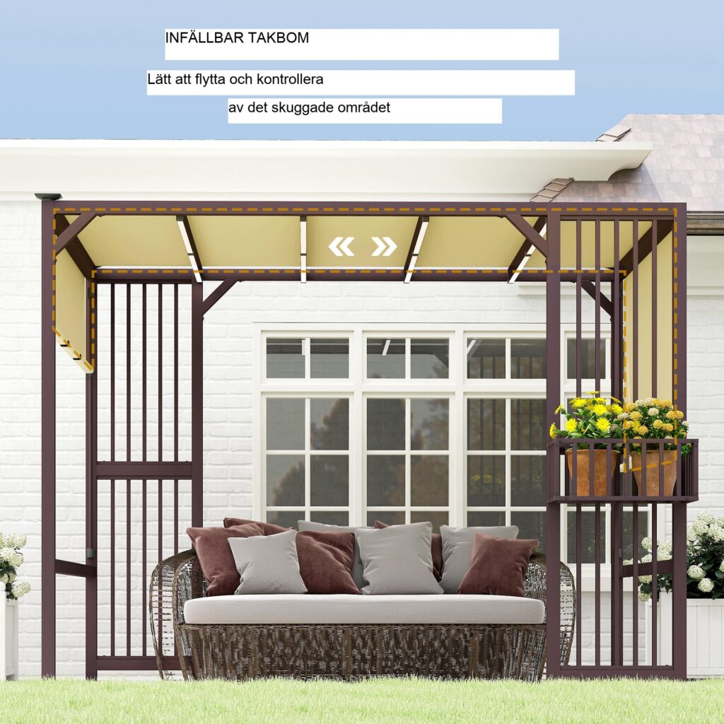 Pergola Paviljong 3x2,5m med Justerbar taklucka, Insynsskydd och Planteringskärl - Mörkbrun