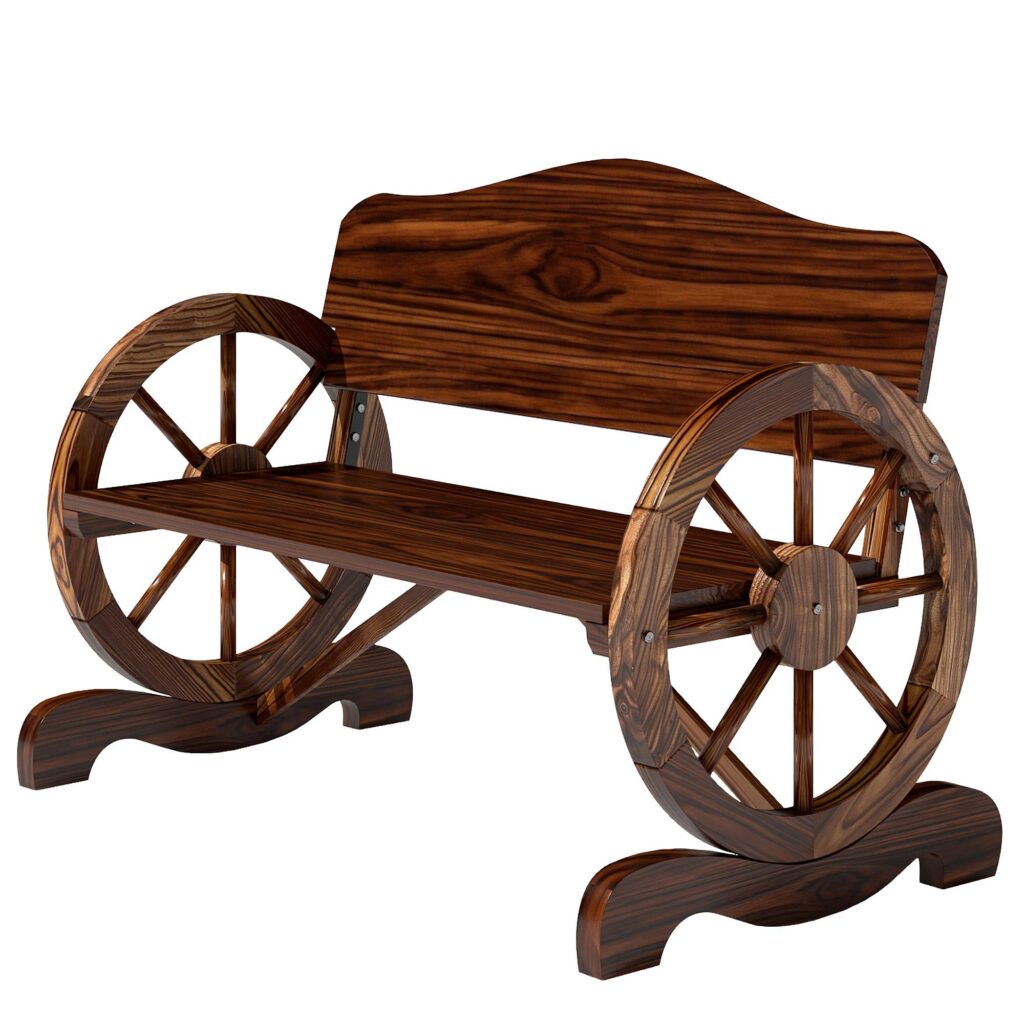 Rustic Charm trädgårdsbänk med hjulformade armstöd - slitstark 2-sits i trä för utomhuskomfort