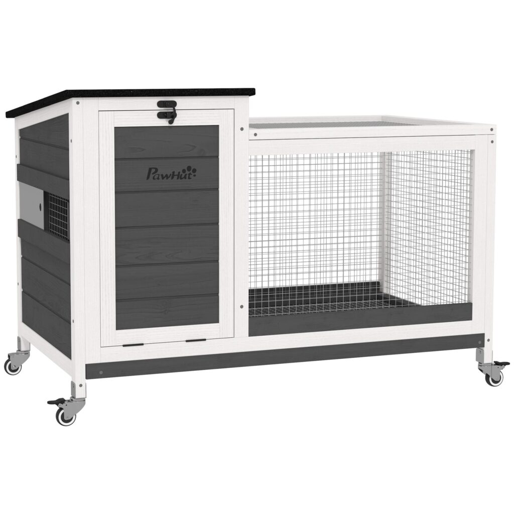 Kaninbur i trä med utdragbar bricka och hjul - Enkel rengöring, väderbeständig design för 1-2 kaniner