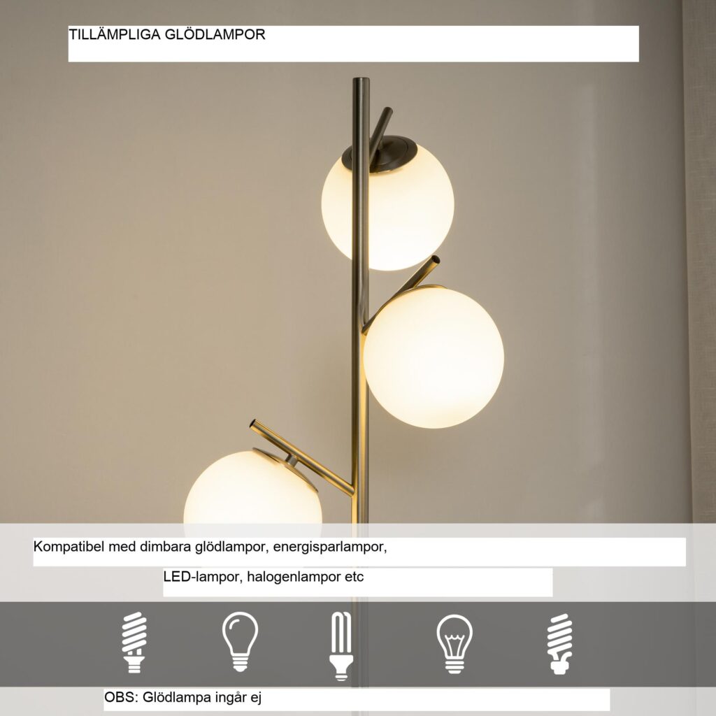 Modern golvlampa med 3 glasskärmar – hög design, stabil metallram och fotbrytare för enkel kontroll
