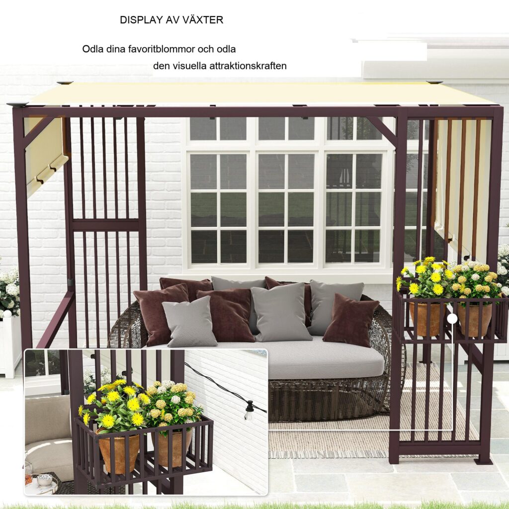 Pergola Paviljong 3x2,5m med Justerbar taklucka, Insynsskydd och Planteringskärl - Mörkbrun