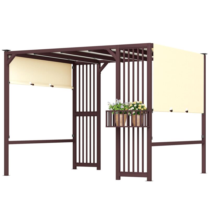 Pergola Paviljong 3×2,5m med Justerbar taklucka, Insynsskydd och Planteringskärl – Mörkbrun