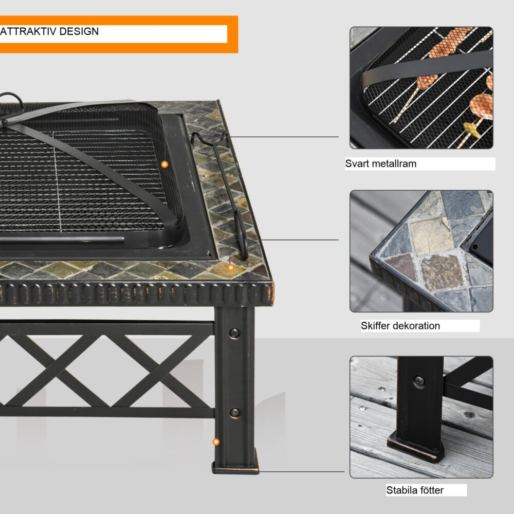 3-i-1 Fire Bowl Fire Basket Fire Pit med gnistskydd och grillgaller – snygg skifferdesign för perfekta trädgårdssammankomster