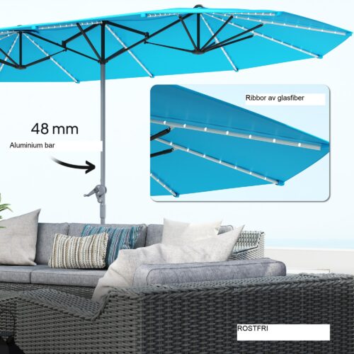Dubbla parasoll med soldrivna LED-lampor – UV 50+ skydd, vindtät och soldriven design