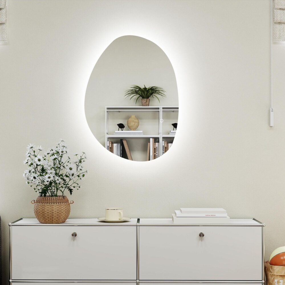 Badrumsspegel med belysning | 70×50 cm LED-pekbrytare, 3 färgtemperaturer (varm, neutral, kallvit), anti-dimma-funktion, minnesinställning, IP44 vattenskydd