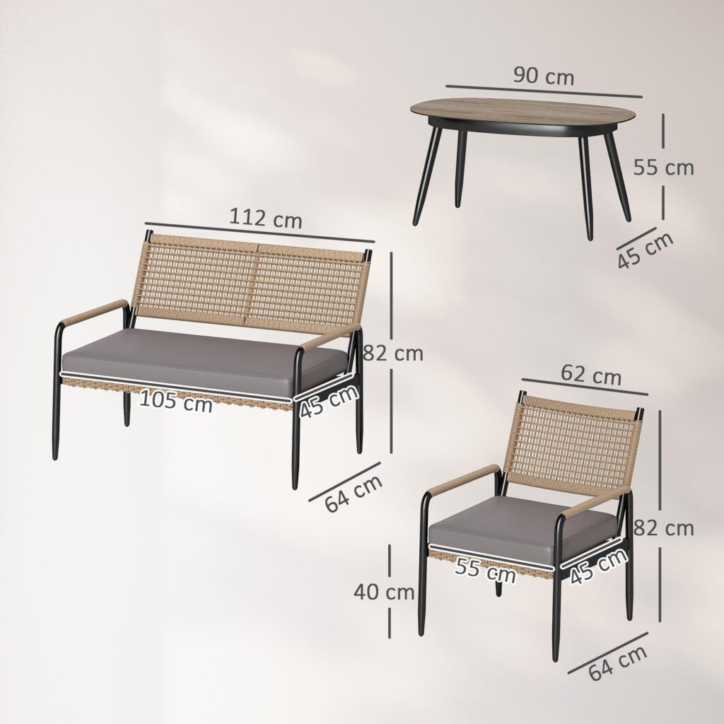 Trädgårdsmöbler Set av Poly Rotting Lounge Set med 2-sits soffa Fåtölj Glas Bordsdyna Väderbeständig sittgrupp för 4 personer Utomhus Balkong Möbler Set Utemöbler för trädgård Balkong Mörkgrå+Gul