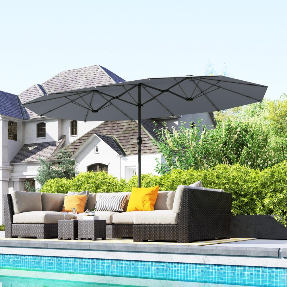 Dubbelt parasoll 436×260 cm – UV-skydd, Vindtätt stabilt stålparasoll med handvev för trädgård och strand