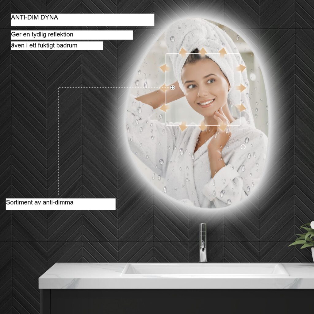 Badrumsspegel med belysning | 70x50 cm LED-pekbrytare, 3 färgtemperaturer (varm, neutral, kallvit), anti-dimma-funktion, minnesinställning, IP44 vattenskydd
