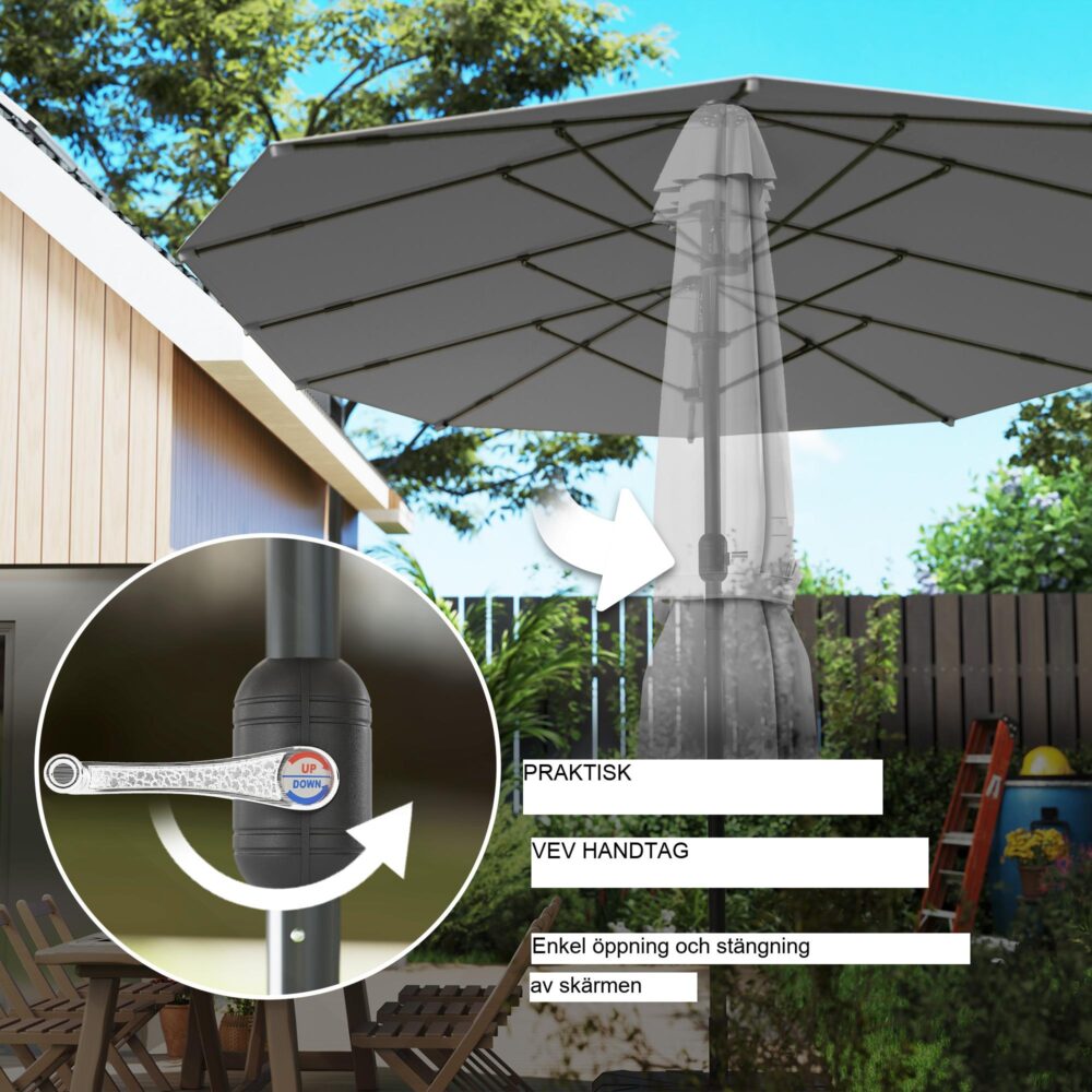 Dubbelt parasoll 436×260 cm – UV-skydd, Vindtätt stabilt stålparasoll med handvev för trädgård och strand