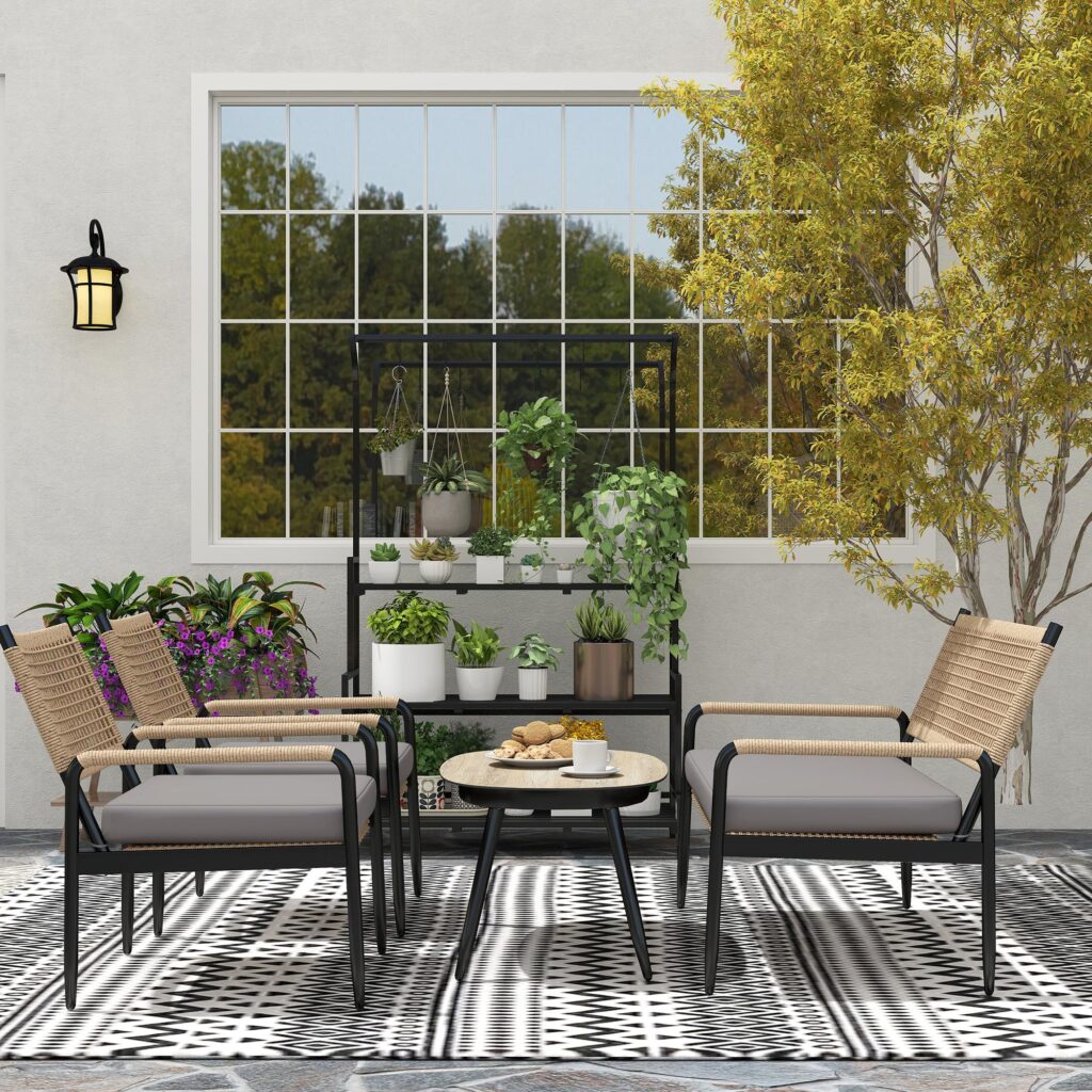 Trädgårdsmöbler Set av Poly Rotting Lounge Set med 2-sits soffa Fåtölj Glas Bordsdyna Väderbeständig sittgrupp för 4 personer Utomhus Balkong Möbler Set Utemöbler för trädgård Balkong Mörkgrå+Gul