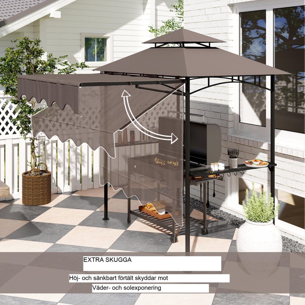 Justerbar grillpaviljong med dubbelskiktat flamskyddat tak, vattenavvisande och UV 30+ skydd, sidohyllor för förvaring