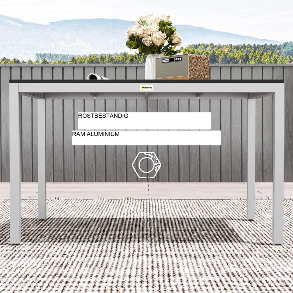 Trädgårdsbord i aluminium 120x70cm väderbeständigt altanbord med träeffektfinish, lätt att rengöra yta för 4-6 personer