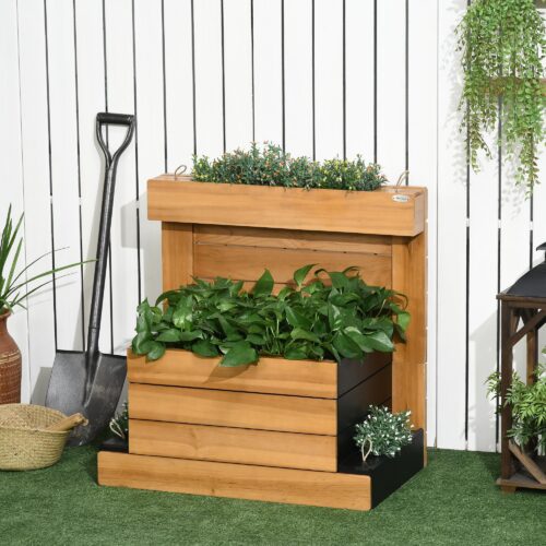 Självvattnande planteringslåda med 4 planteringslådor, ram i massivt trä, fleecefoder – 79,5 x 49,5 x 80 cm