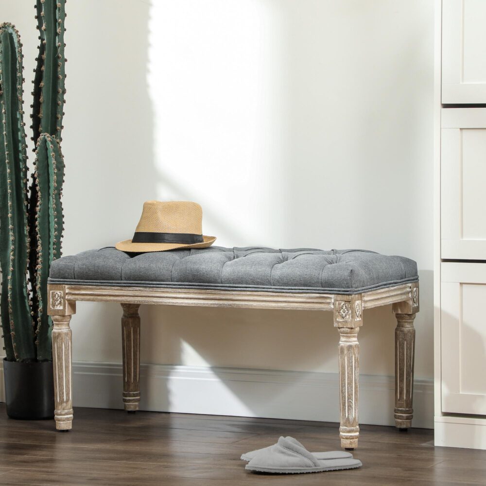 Stoppad bänk grå vintagestil med knapptuftad design, extra komfort från tjock skumstoppning, robust gummiträram för matsal och hall