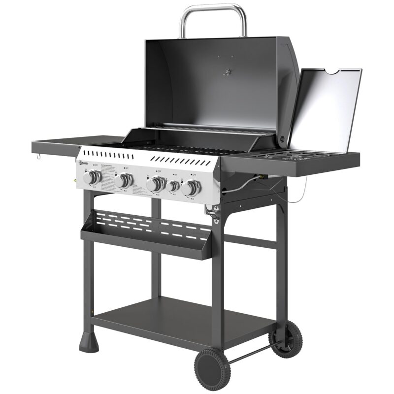 Gasgrill 4+1 brännare BBQ-vagn med konstruktion i rostfritt stål, stor grillyta för 6-12 portioner, sidobrännare, termometer, hjul och förvaringsalternativ