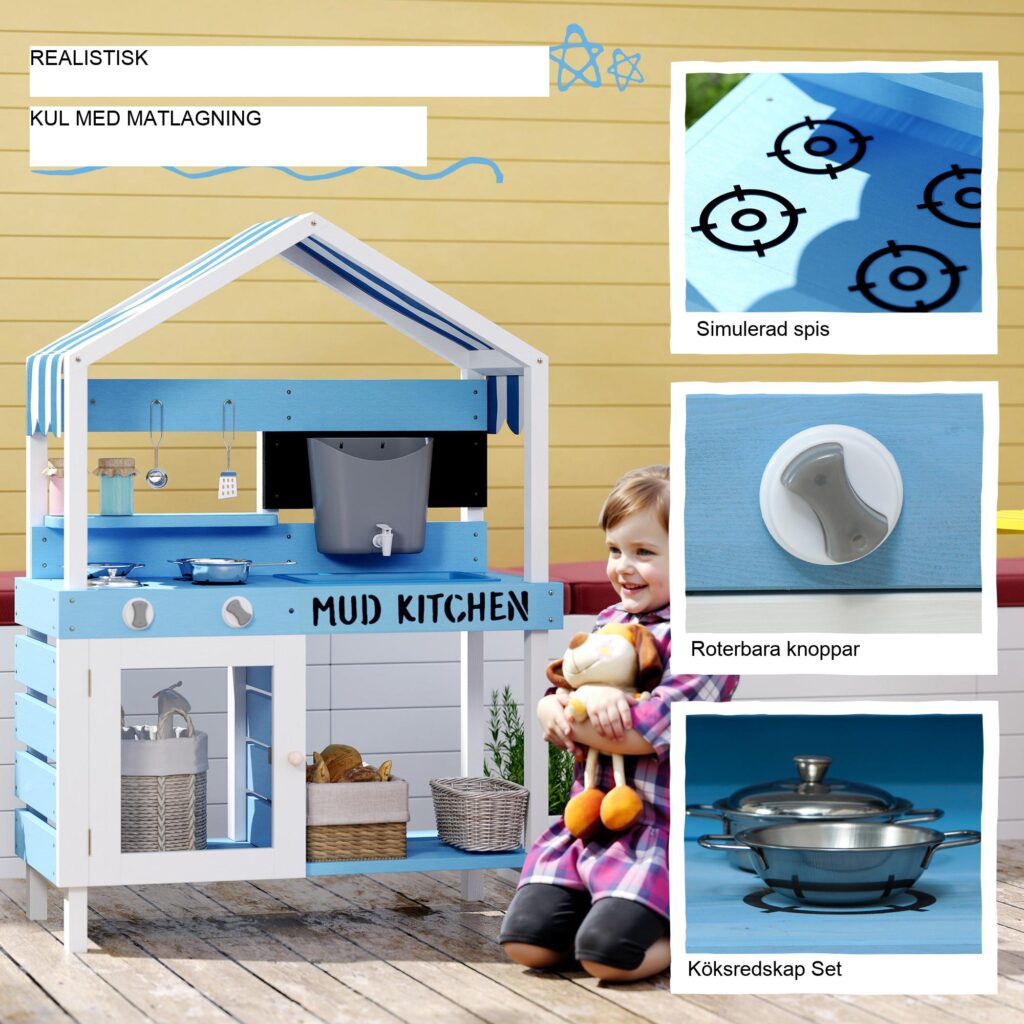 Mud Kitchen Kids Utomhus Trä Trädgård Lekkök med spis, diskbänk, kran, förvaringshyllor, Rostfritt stål Köksredskap och Tillbehör - Realistisk matlagning kul för barn 3-7 år
