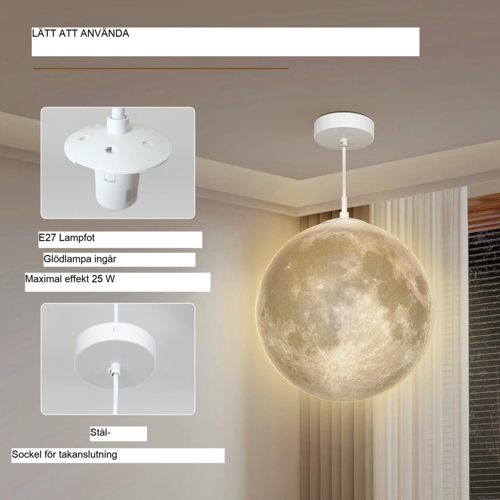 3D Moon Pendellampa med APP-kontroll, musiksynkronisering, CCT och RGB-färgbyte för kök och matsal - vit