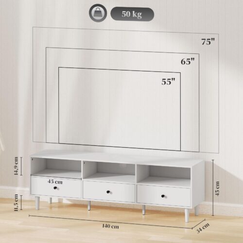 Elegant TV-bänk med lådor | 140 cm TV-kort för TV-apparater upp till 75 med kabelhantering och rymlig förvaring för hemunderhållning
