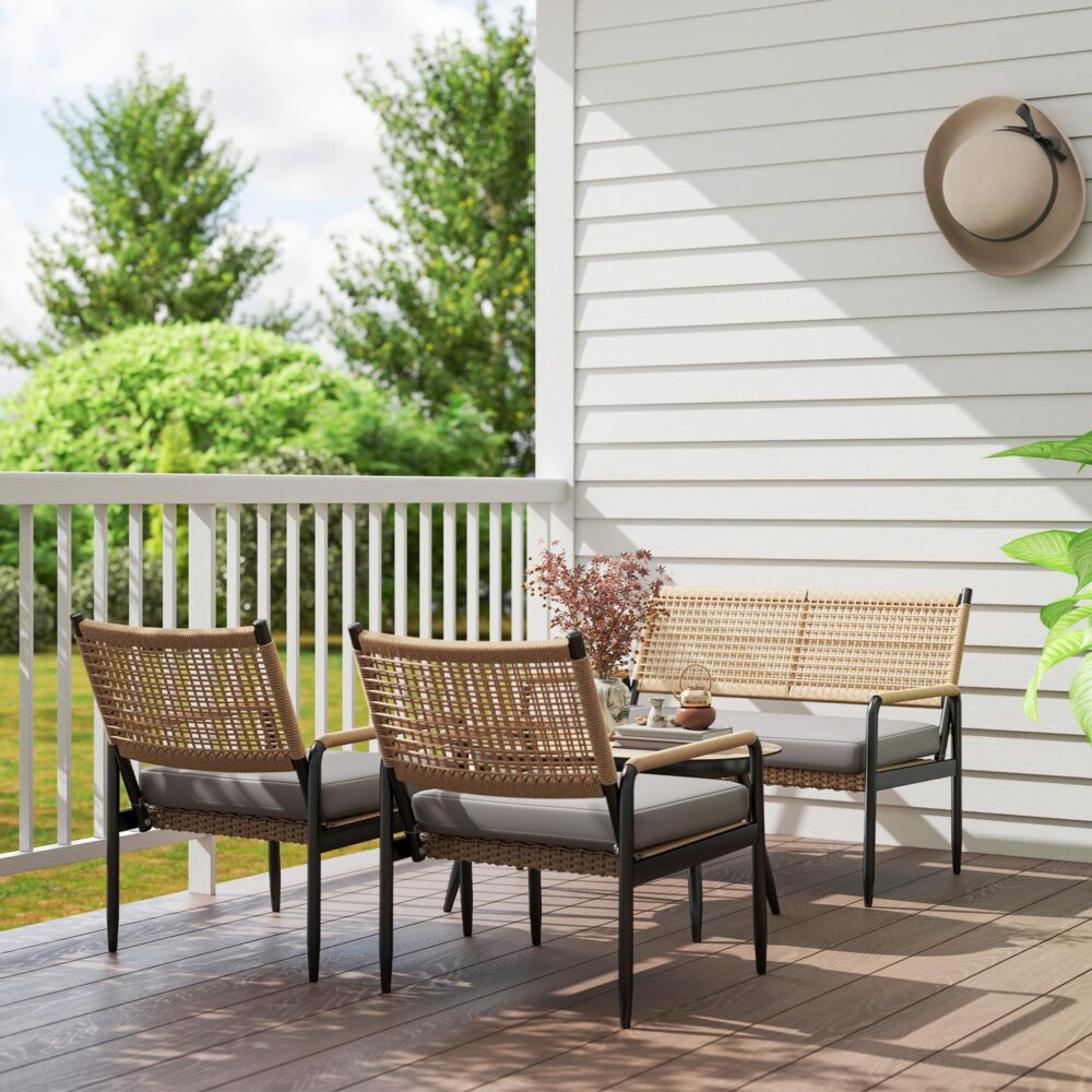 Trädgårdsmöbler Set av Poly Rotting Lounge Set med 2-sits soffa Fåtölj Glas Bordsdyna Väderbeständig sittgrupp för 4 personer Utomhus Balkong Möbler Set Utemöbler för trädgård Balkong Mörkgrå+Gul