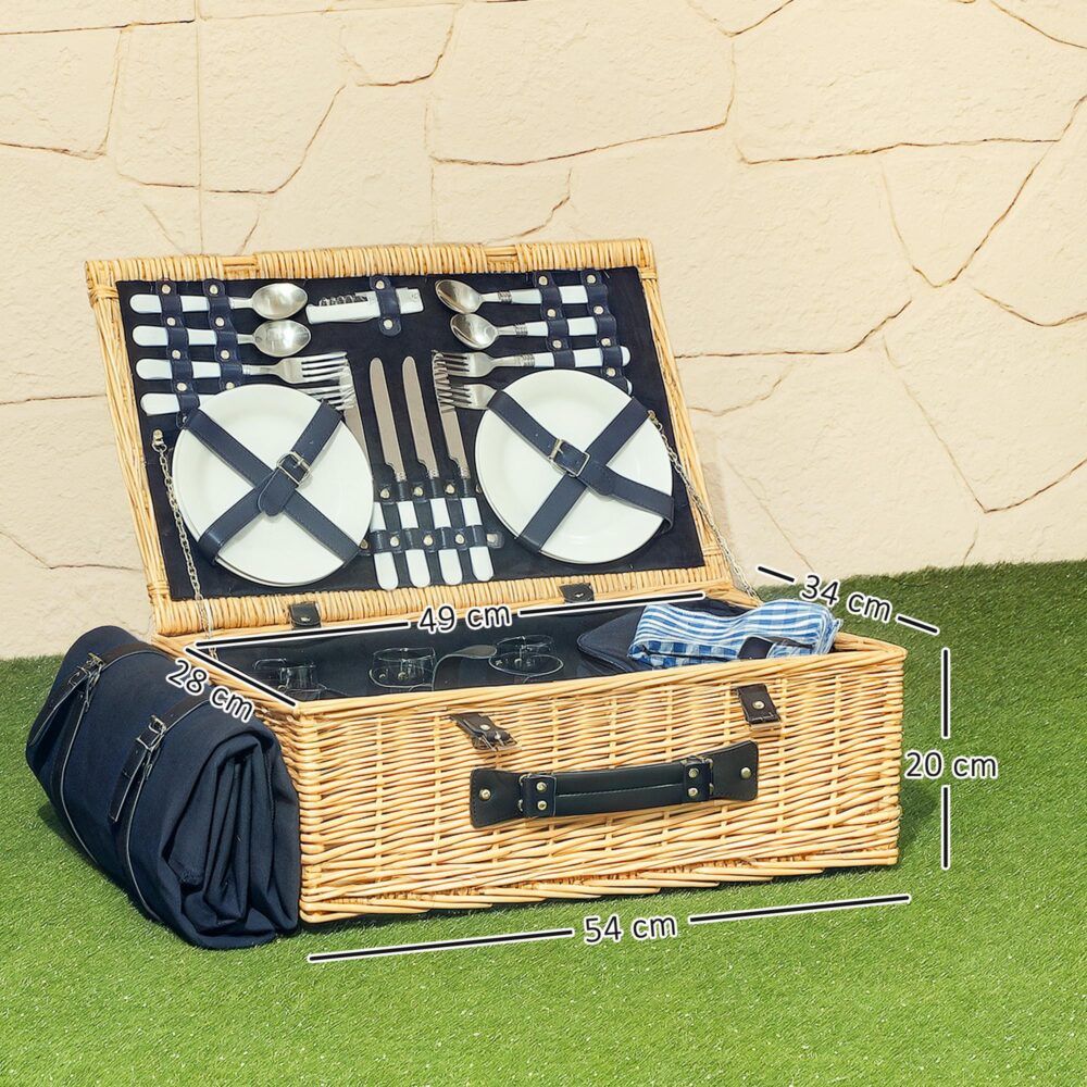 Willow Picnic Basket Resväska för 4 med isolerad kylare och komplett bestickset – Handgjord naturlig rotting