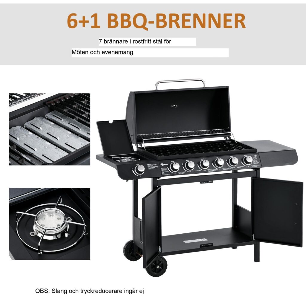 Gasgrillvagn med 6 brännare med sidobrännare och värmeställ - perfekt för familjesammankomster, multifunktionell design med skåpförvaring och hyllor