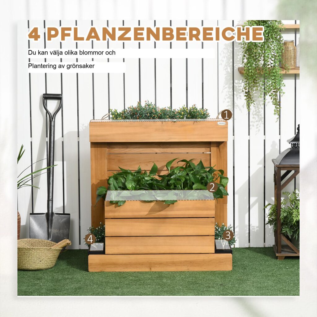 Självvattnande planteringslåda med 4 planteringslådor, ram i massivt trä, fleecefoder - 79,5 x 49,5 x 80 cm