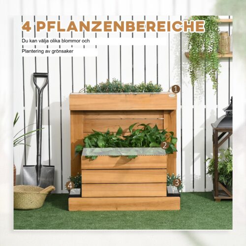 Självvattnande planteringslåda med 4 planteringslådor, ram i massivt trä, fleecefoder – 79,5 x 49,5 x 80 cm
