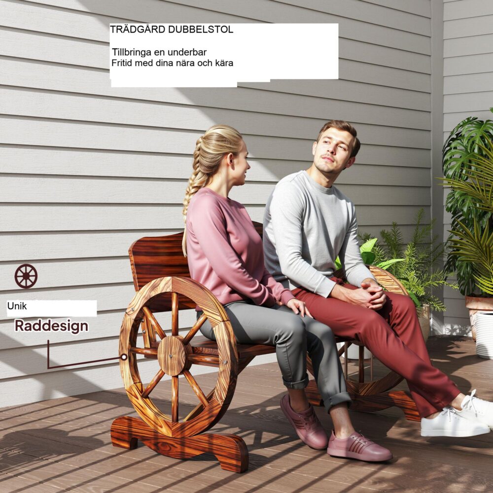 Rustic Charm trädgårdsbänk med hjulformade armstöd – slitstark 2-sits i trä för utomhuskomfort
