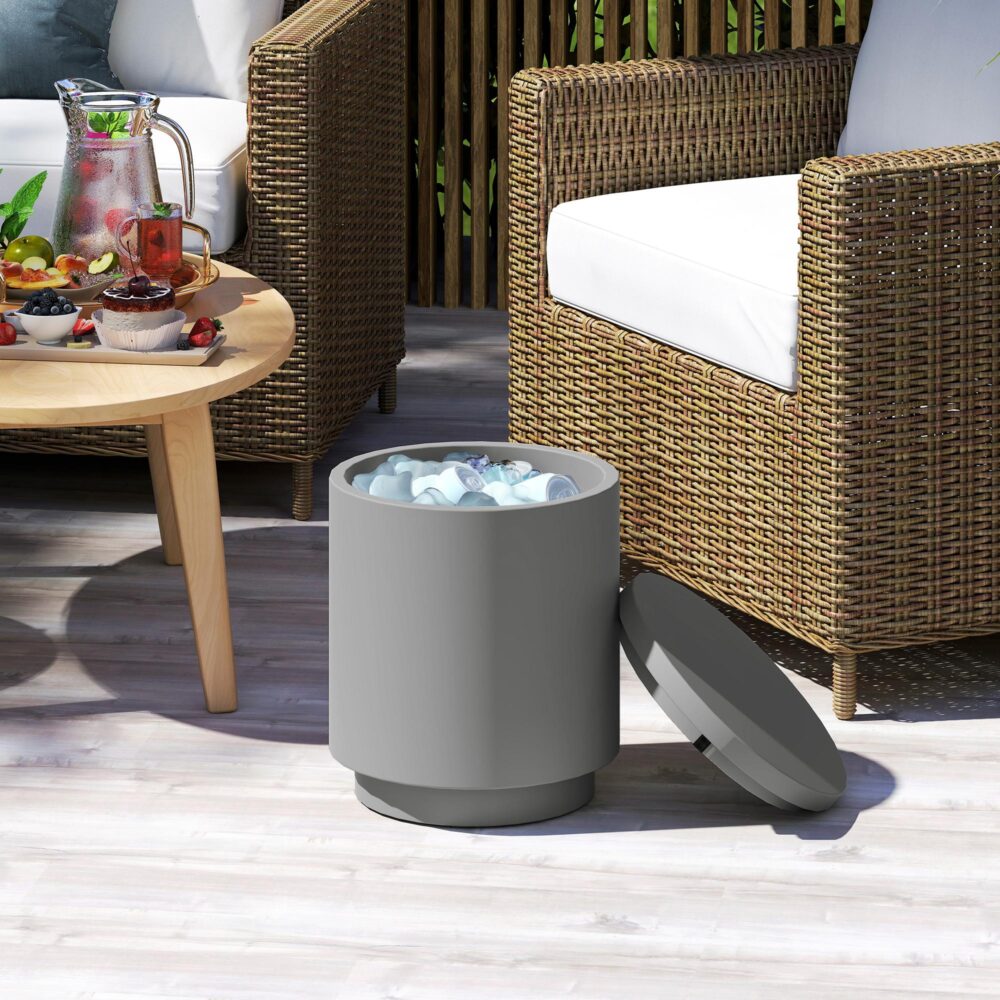 Sidobord med Cool Bar med avtagbar 10L kylare i rostfritt stål | 3-i-1 altanbord, förvaringslåda och ishink – ljusgrå