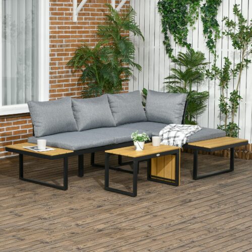 Trädgårdsmöbelset i 3 delar med mjuka sitt- och ryggkuddar | Ram i aluminium | Rostfri och lätt | Design i trälook