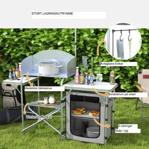 Hopfällbart campingkök med UV-skydd och vindskydd – 3 bänkskivor, skåpfack, snabbinstallation