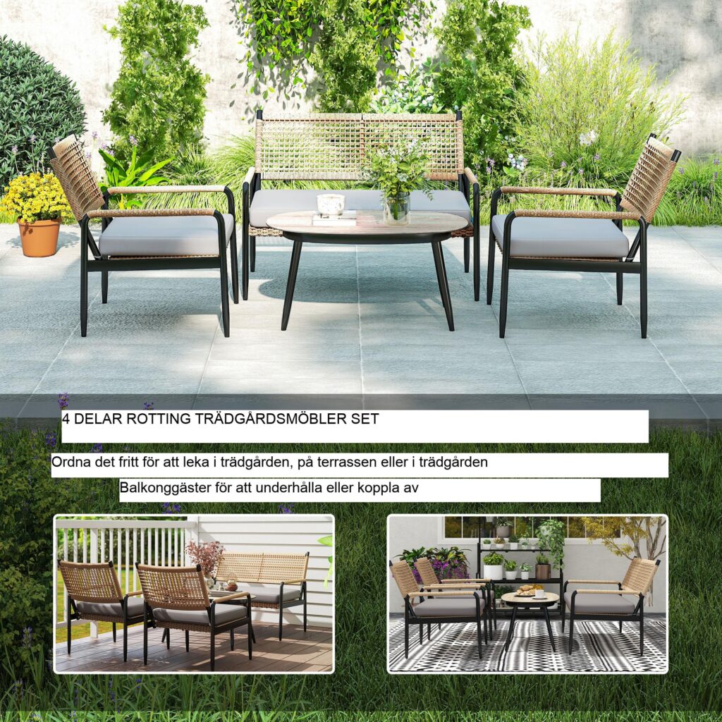 Trädgårdsmöbler Set av Poly Rotting Lounge Set med 2-sits soffa Fåtölj Glas Bordsdyna Väderbeständig sittgrupp för 4 personer Utomhus Balkong Möbler Set Utemöbler för trädgård Balkong Mörkgrå+Gul