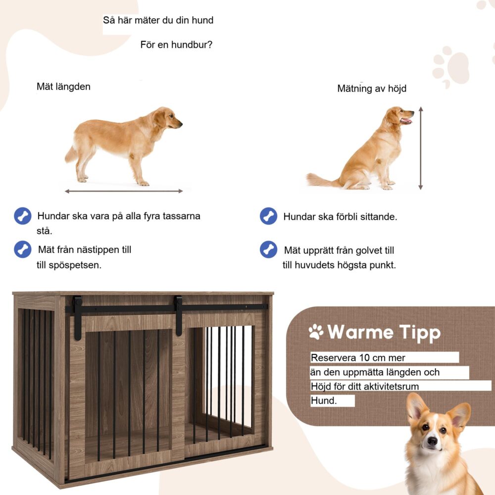 Hundbur med skjutdörr för stora hundar upp till 30 kg, robust och säker trädesign, valnötsfinish