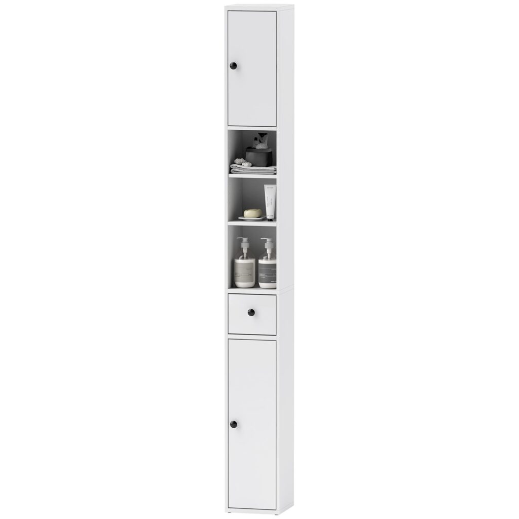 Badrumsskåp smalt och högt med låda, 3 öppna fack, justerbara hyllor - platsbesparande design för små utrymmen