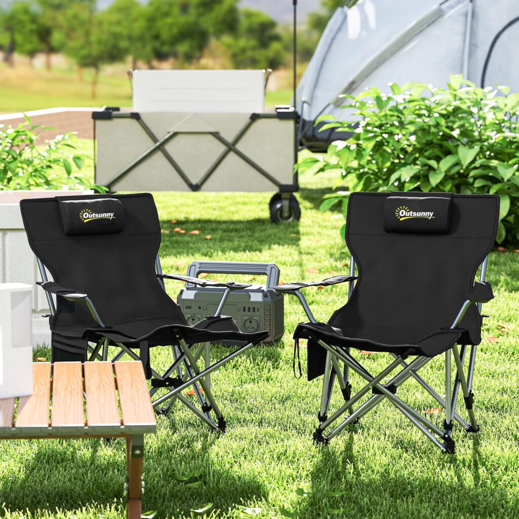 Set med 2 komfortoptimerade campingstolar med avtagbart fotstöd och nackstöd - slitstarkt 600D Oxford-tyg, bärbar fiskestol med mugghållare för vuxna